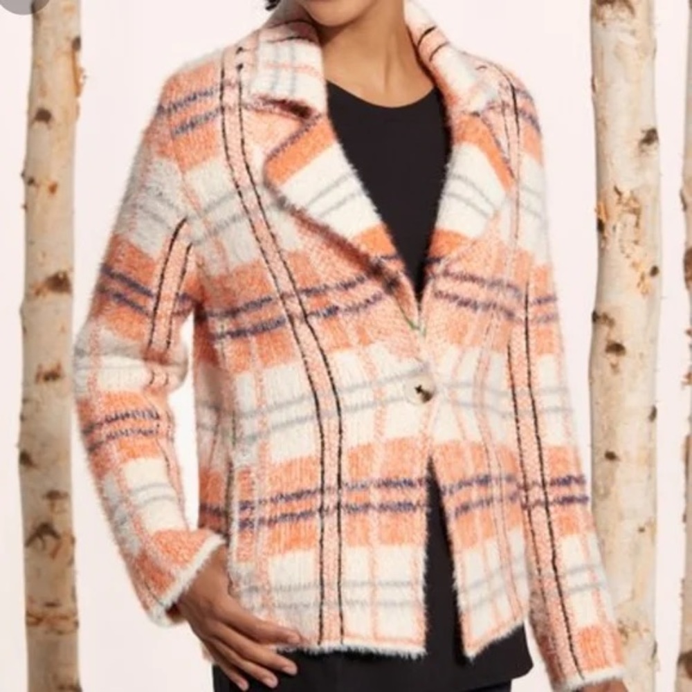 Soft Surroundings Briony Plush Knit Plaid One Button Sweater Orange Size XL